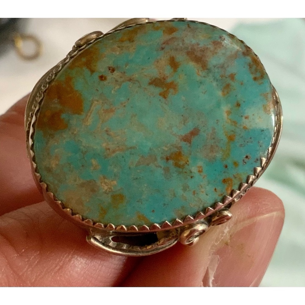 Big turquoise and sterling silver ring.  Large table